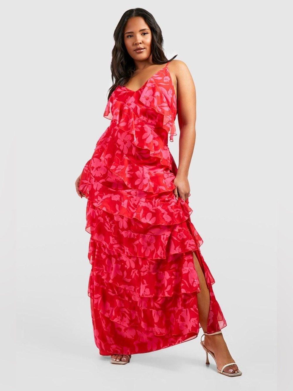 Boohoo Red & Hot Pink Floral Ruffle Maxi Dress